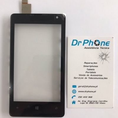 Ecrã tátil preto de smartphone junto a cartão de visita da Dr Phone