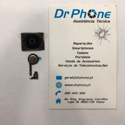 Peças eletrónicas pequenas ao lado de cartão de negócio da Dr Phone Assistência Técnica em fundo branco