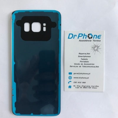 Capa traseira azul de smartphone ao lado de cartão de visita da Dr Phone