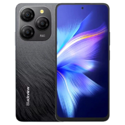 Smartphone Blackview preto texturizado com três câmaras e ecrã colorido