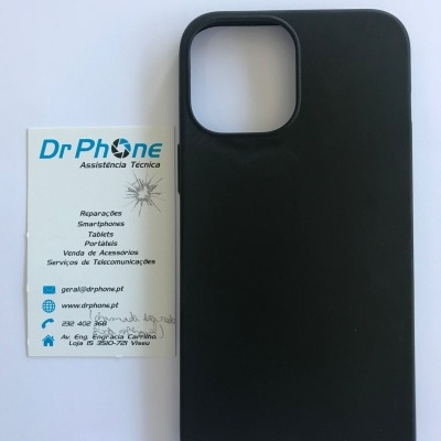 Capa de smartphone preta em silicone e cartão de assistência técnica Dr PHONE