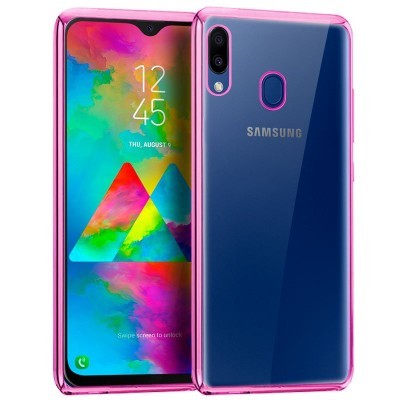 Smartphone Samsung azul com capa rosa translúcida e ecrã colorido
