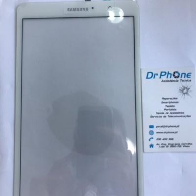 Ecrã tátil branco para tablet Samsung numa superfície branca com cartão de visita