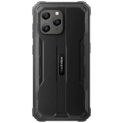 Smartphone Blackview preto com três câmaras traseiras e capa resistente