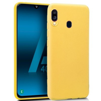 Smartphone com capa amarela e ecrã azul com texto A40