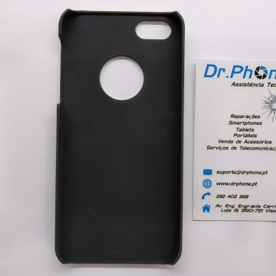 Capa preta para smartphone ao lado de cartão de visita Dr. Phone