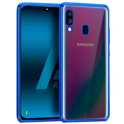 Smartphone Samsung azul e roxo com câmara dupla traseira e ecrã grande