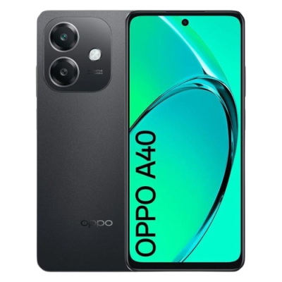 Smartphone OPPO A40 preto com duas câmaras traseiras e ecrã frontal com texto OPPO A40