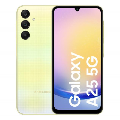 Smartphone Samsung Galaxy A25 5G amarelo claro com três câmaras traseiras e ecrã frontal com texto