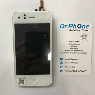 Smartphone branco com ecrã desligado e cartão de visita Dr Phone