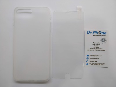 Capa branca para smartphone, película protetora de ecrã e cartão de visita Dr.Phone sobre fundo branco