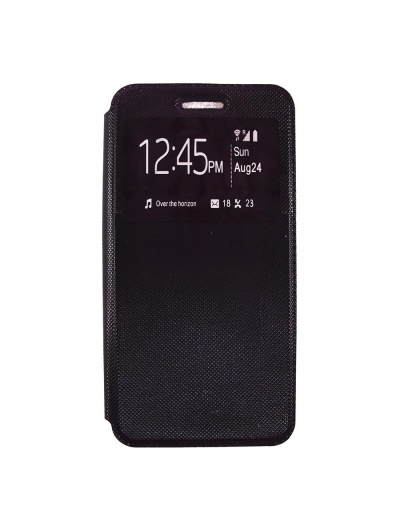 Capa de telemóvel preta com janela transparente a mostrar ecrã.