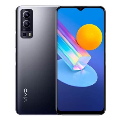 Smartphone Vivo cinza metálico com ecrã frontal com entalhe de gota e duas câmaras traseiras