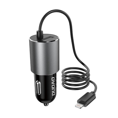 Carregador de carro USB prateado e preto com cabo Lightning