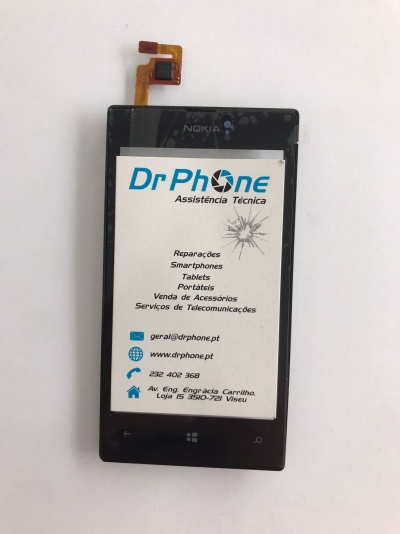 Ecrã substituto para Nokia com cartão informativo da assistência técnica Dr Phone.