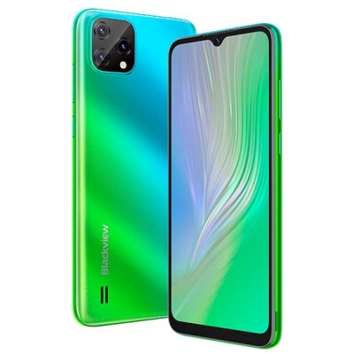 Smartphone Blackview verde-azul com ecrã frontal e câmara traseira dupla