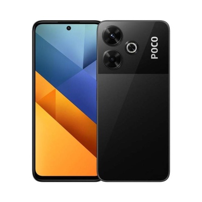 Smartphone POCO preto visto de frente e de trás com duas câmaras grandes e uma pequena