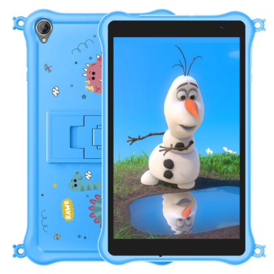 Tablet infantil azul com capa de silicone e personagens de dinossauros e Olaf no ecrã
