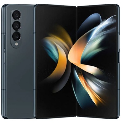 Smartphone dobrável cinzento com três câmaras traseiras e ecrã interior aberto com padrão colorido.