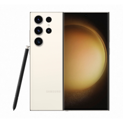 Smartphone Samsung creme com quatro câmaras e caneta preta