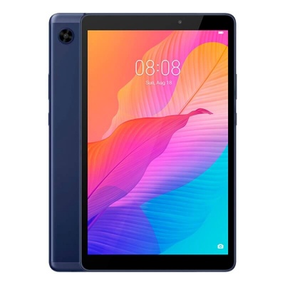 Tablet com ecrã a cores e corpo azul escuro visto de frente e trás