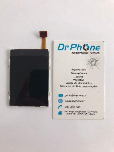 Ecrã LCD preto com fita flexível e cartão de visita da Dr Phone Assistência Técnica