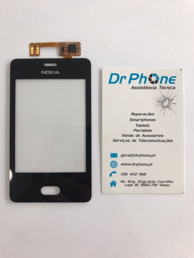 Mostrador tátil preto para Nokia com cartão de visita ao lado