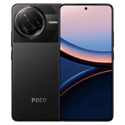 Smartphone POCO preto com câmeras traseiras circulares e ecrã frontal