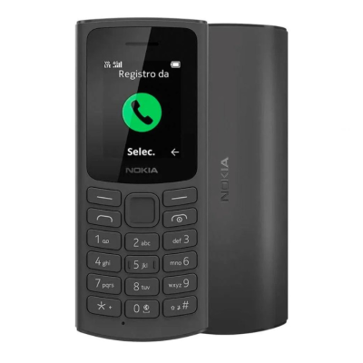 Imagem de um telemóvel Nokia preto com teclado físico e ecrã a cores