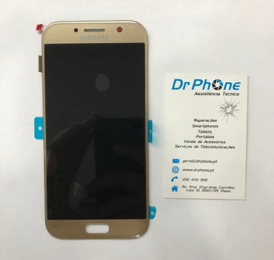 Ecrã dourado de smartphone Samsung com fita adesiva e cartão de visita da Dr Phone