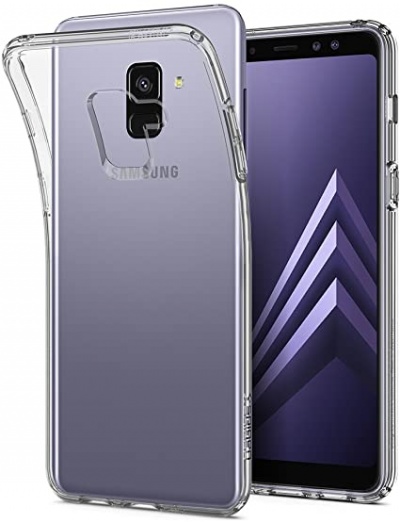Smartphone Samsung roxo com capa protetora transparente e ecrã frontal com padrão geométrico