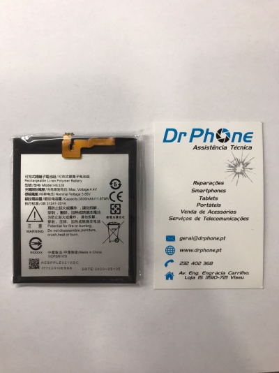 Bateria de polímero lítio com texto e cartão de visita da Dr Phone em fundo branco