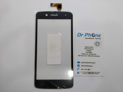 ecrã tátil preto de smartphone com cabo flex ao lado de cartão de assistência técnica Dr.Phone