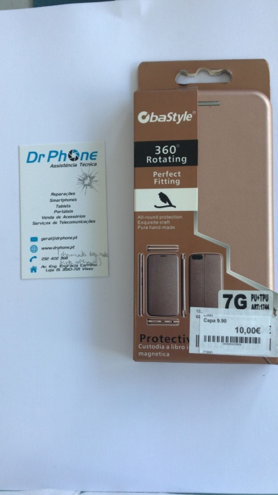 Capa protetora rosa metálica para smartphone ObaStyle com suporte giratório em embalagem, junto a cartão de assistência técnica DrPhone