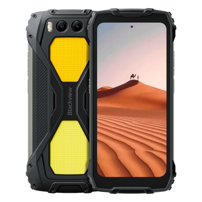 Telefone robusto Blackview amarelo e preto com ecrã mostrando dunas e camelo