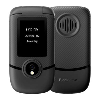 Telemóvel flip preto com ecrã digital frontal e câmera na frente e traseira texturizada