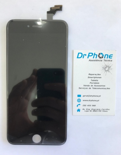 Ecrã frontal preto de smartphone com cartão de visita da Dr Phone