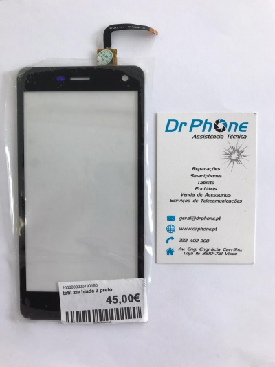 Ecrã tátil preto para smartphone com etiqueta de preço e cartão de assistência técnica