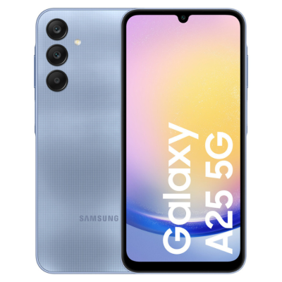 Smartphone Samsung Galaxy A25 5G azul claro com ecrã frontal e câmaras traseiras