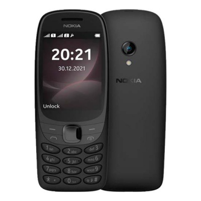 Smartphone Nokia preto com teclado físico e ecrã colorido mostrando data e hora