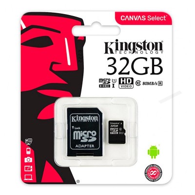 Cartão microSD Kingston 32GB com adaptador em embalagem