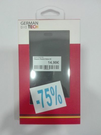 Embalagem de capa para Xiaomi Redmi Note 4X da marca GERMAN TECH, com etiquetas de preço e desconto