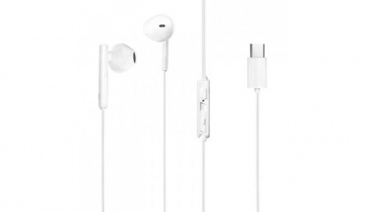 Auriculares brancos com cabo e conector USB-C