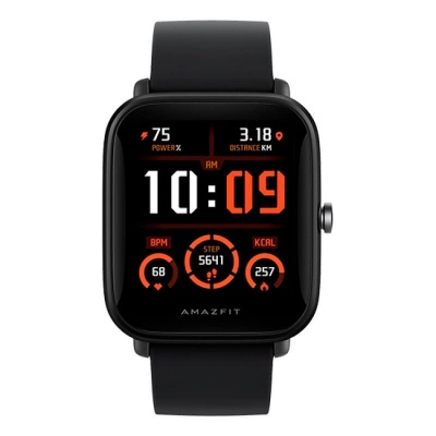 Relógio inteligente AMAZFIT preto com mostrador digital a mostrar dados de atividade física