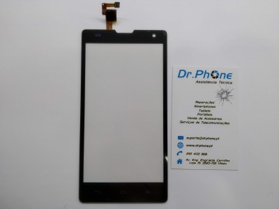 Ecrã táctil digitalizador preto e cartão de visita da empresa Dr.Phone