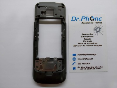 Carcaça traseira de telemóvel preto e cartão de visita de assistência técnica Dr. Phone