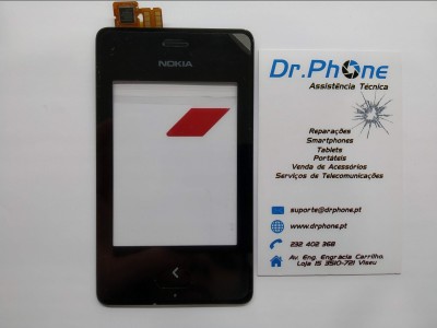 Smartphone preto Nokia com cartão e cartão de visita da Dr.Phone