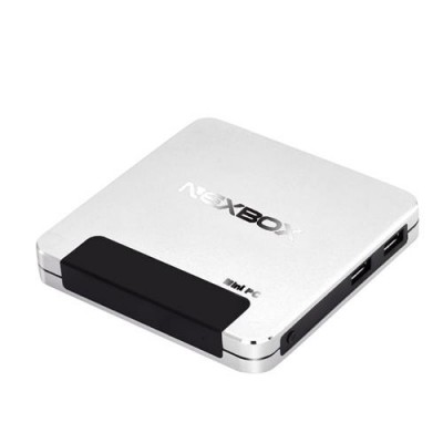 Mini PC NEXBOX compacto branco e preto com portas USB