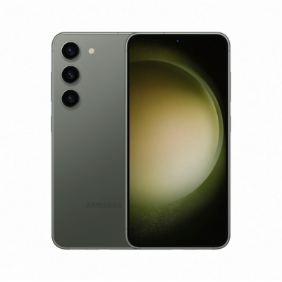 Smartphone Samsung cinza com três câmaras traseiras e ecrã frontal preto com imagem abstrata verde