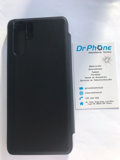 Estojo preto para telemóvel ao lado de cartão de visita da Dr Phone